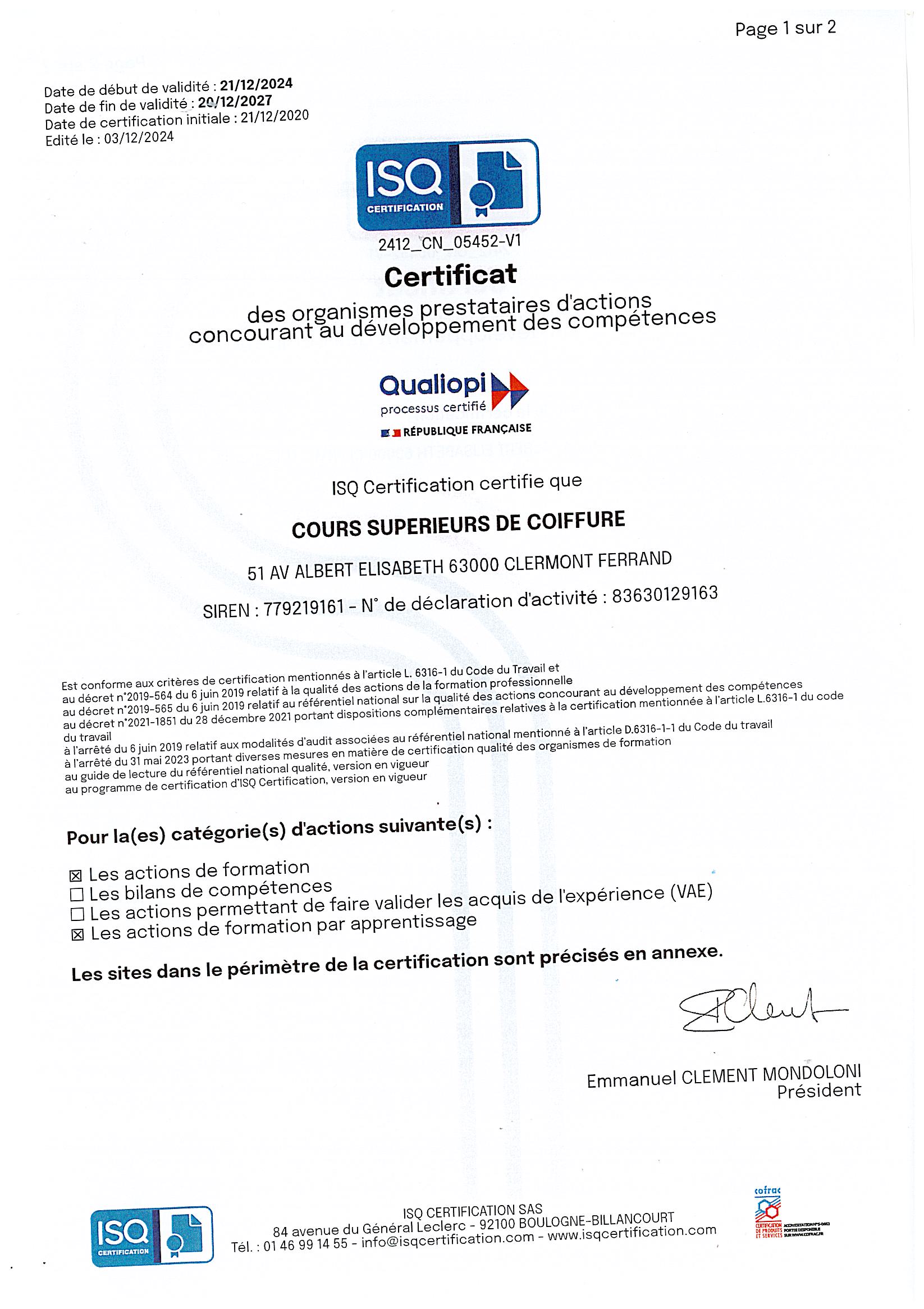 CERTIFICAT QUALIOPI 2027